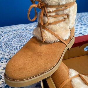 Style & Co. Faux-Suede Lace-Up Ankle Boots with Faux-Fur Trim - Tan